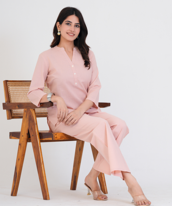 Salmon Pink Airy Linen Short Kurta Co-ord Set