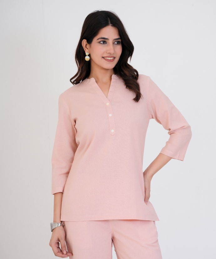 Salmon Pink Airy Linen Short Kurta Co-ord Set