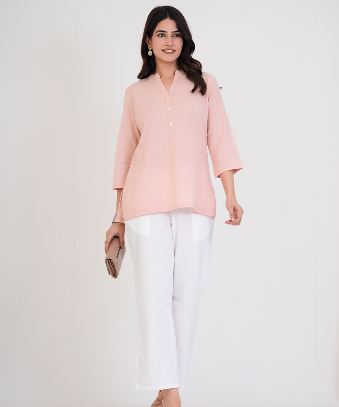 Salmon Pink Airy Linen Short Kurta