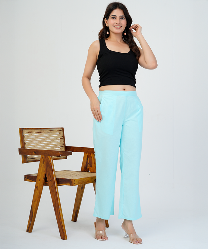 Sky Blue Wide Leg Cotton Pant