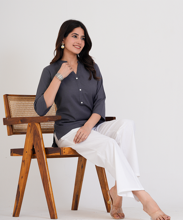 Slate Grey Airy Linen Short Kurta