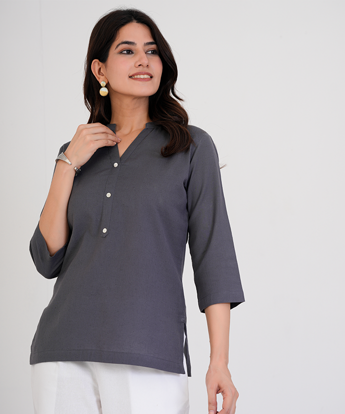 Slate Grey Airy Linen Short Kurta