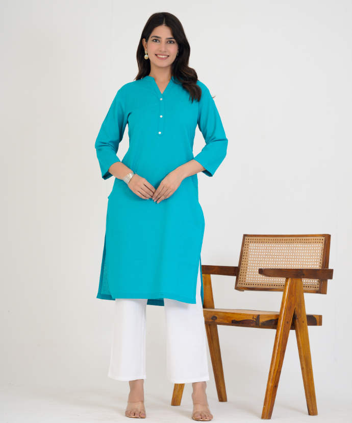 Teal blue Airy Linen Long Kurta