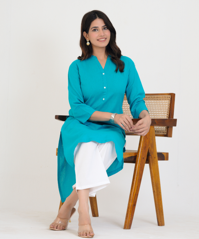 Teal blue Airy Linen Long Kurta