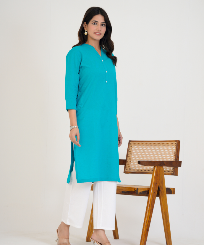 Teal blue Airy Linen Long Kurta