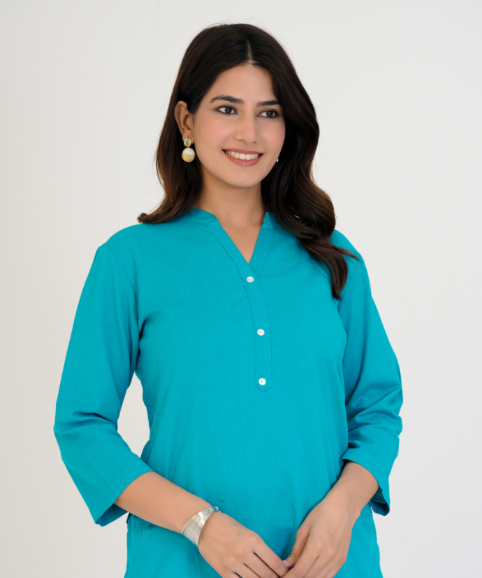 Teal blue Airy Linen Long Kurta