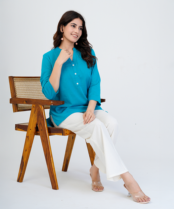 Teal blue Airy Linen Short Kurta