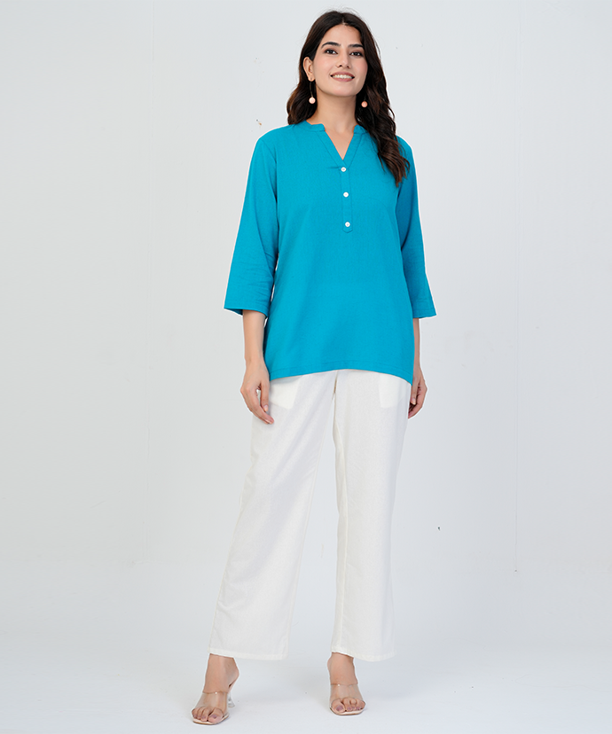 Teal blue Airy Linen Short Kurta
