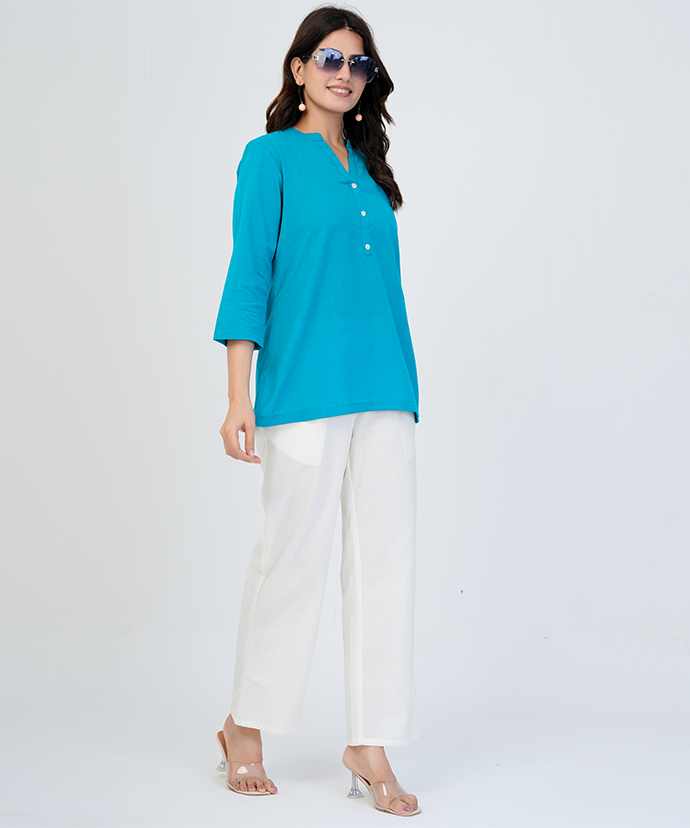Teal blue Airy Linen Short Kurta