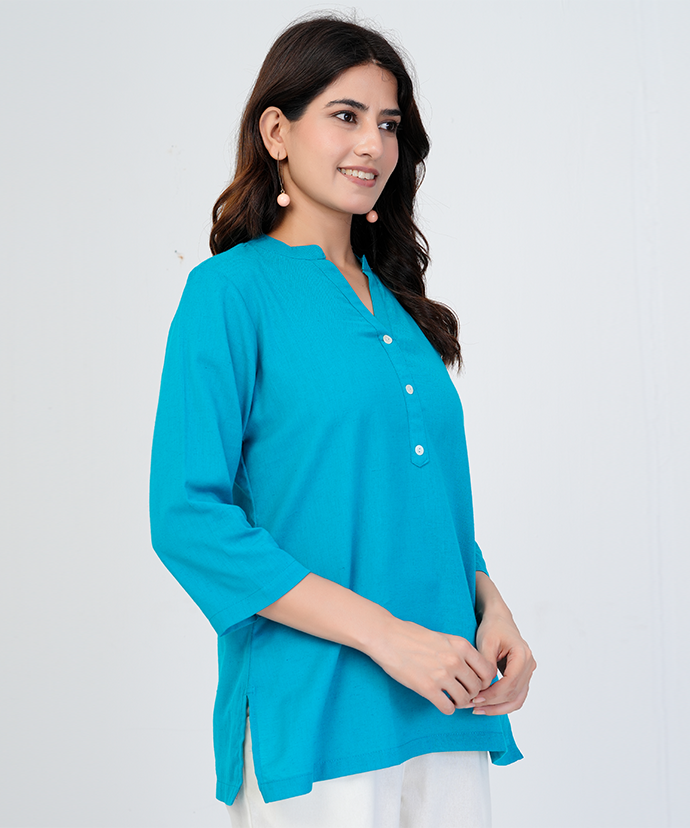 Teal blue Airy Linen Short Kurta