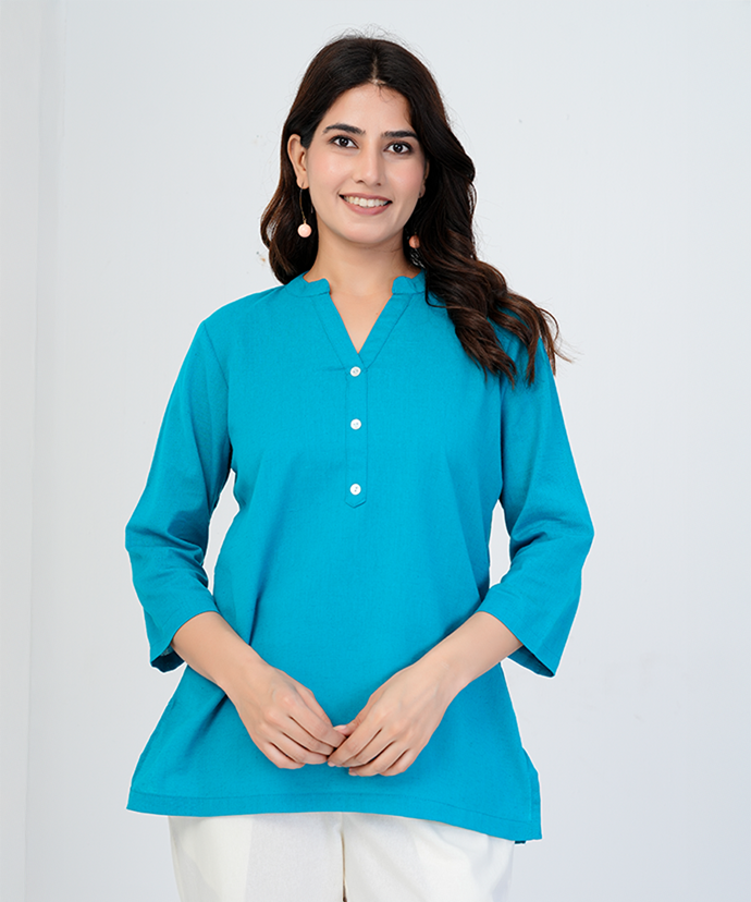 Teal blue Airy Linen Short Kurta