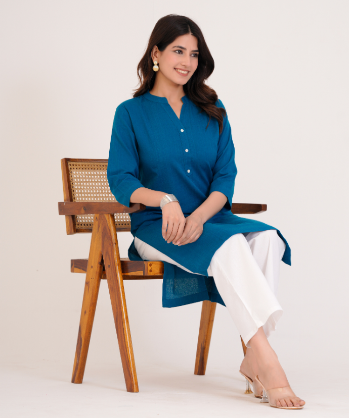 Turquoise Airy Linen Long Kurta