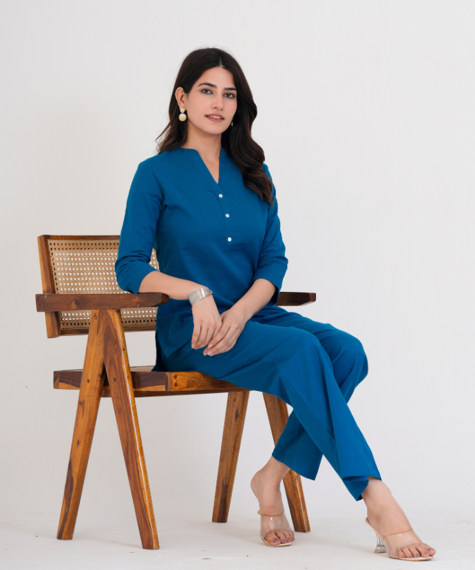 Turquoise Airy Linen Short Kurta Co-ord Set