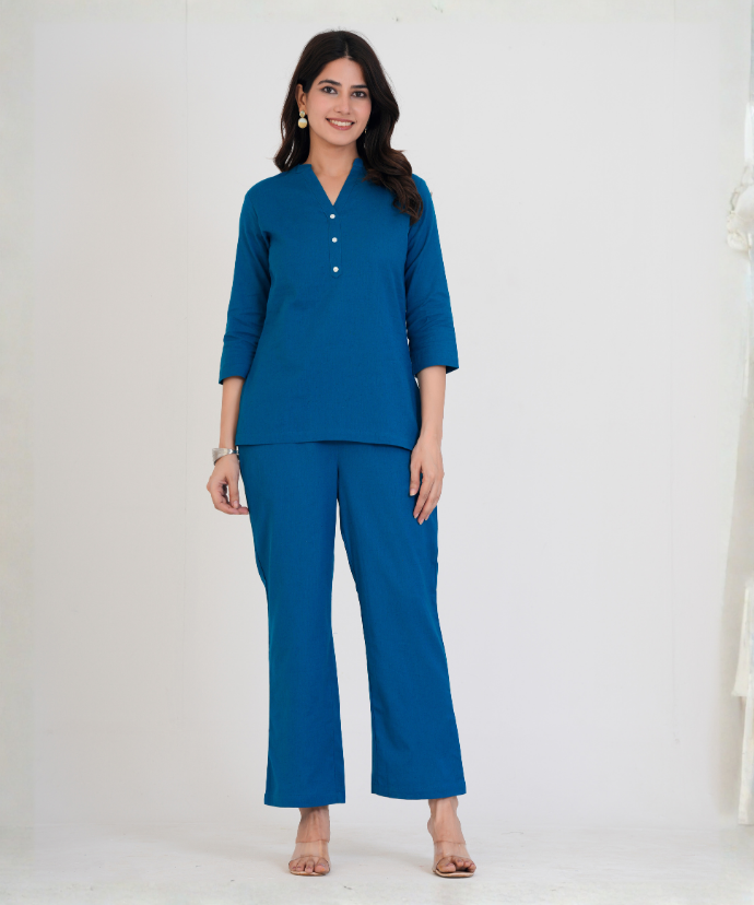 Turquoise Airy Linen Short Kurta Co-ord Set