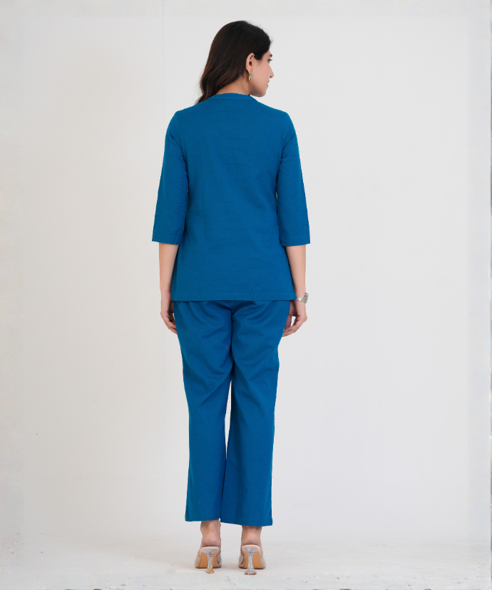 Turquoise Airy Linen Short Kurta Co-ord Set