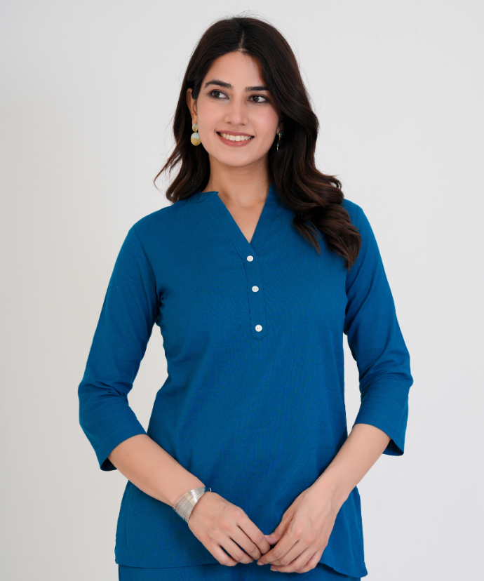 Turquoise Airy Linen Short Kurta