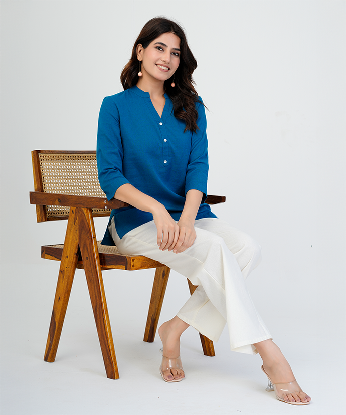 Turquoise Airy Linen Short Kurta