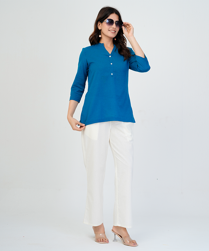 Turquoise Airy Linen Short Kurta