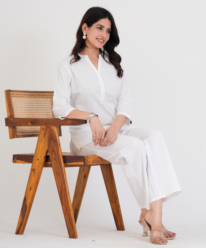 White Airy Linen Short Kurta Co-ord Set