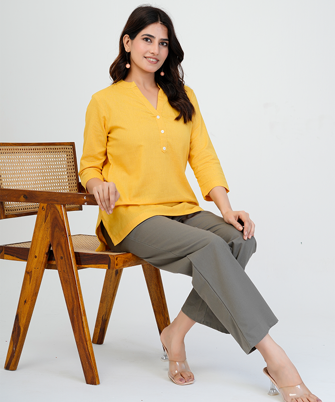 Yellow Airy Linen Short Kurta