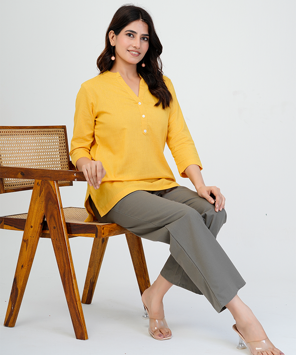 Yellow Airy Linen Short Kurta