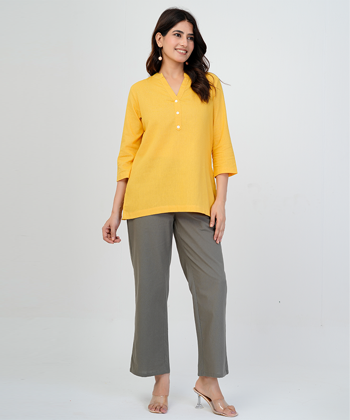Yellow Airy Linen Short Kurta